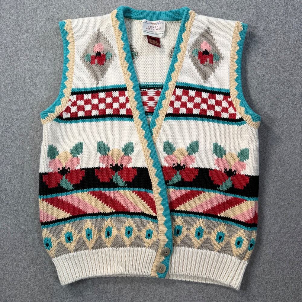 Vintage 1990 Susan Bristol Knit Sweater Vest Women's Large Floral Check V-Neck